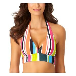 ANNE COLE Women's Multi Color Colorblocked Stripe Tie Halter Swimsuit Top XS